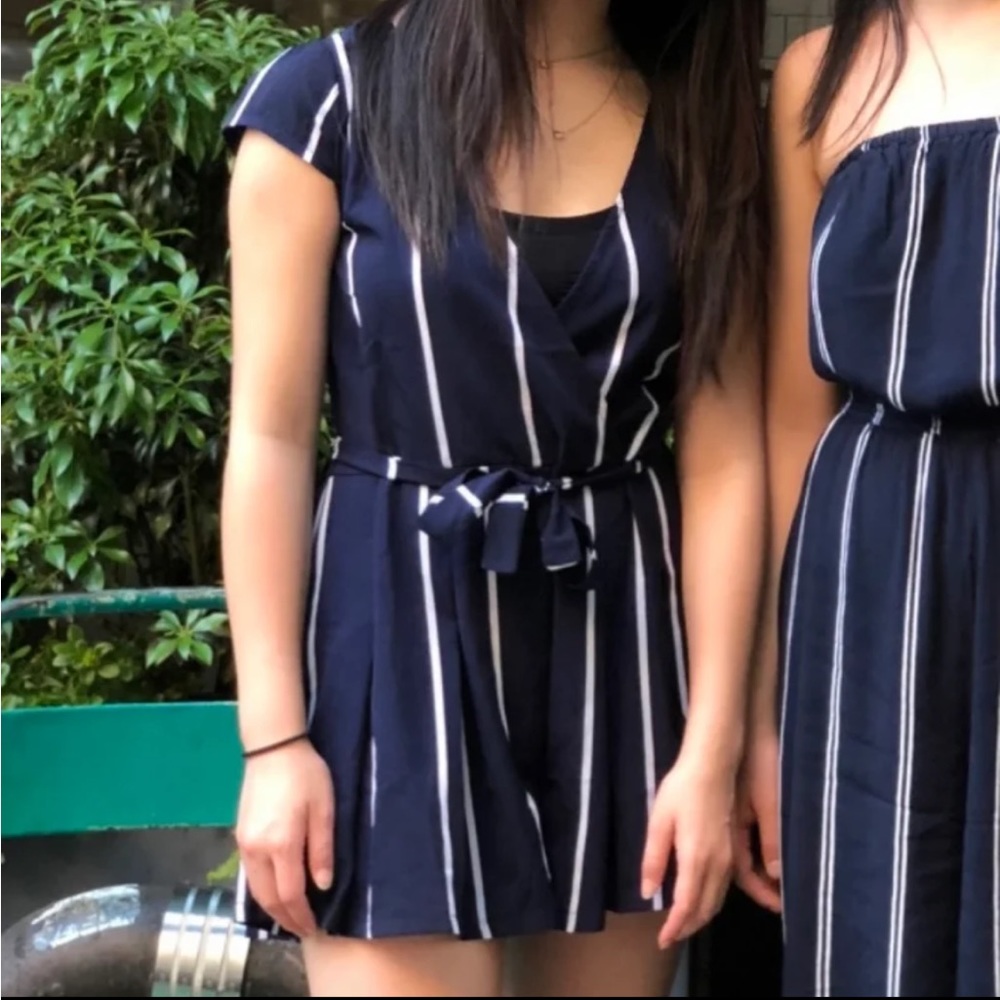 shein navy blue and white striped romper